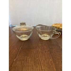 Hazel Atlas Glass HOBNAIL Clear‎ Sugar With Lid & Creamer Mid-Century Glassware